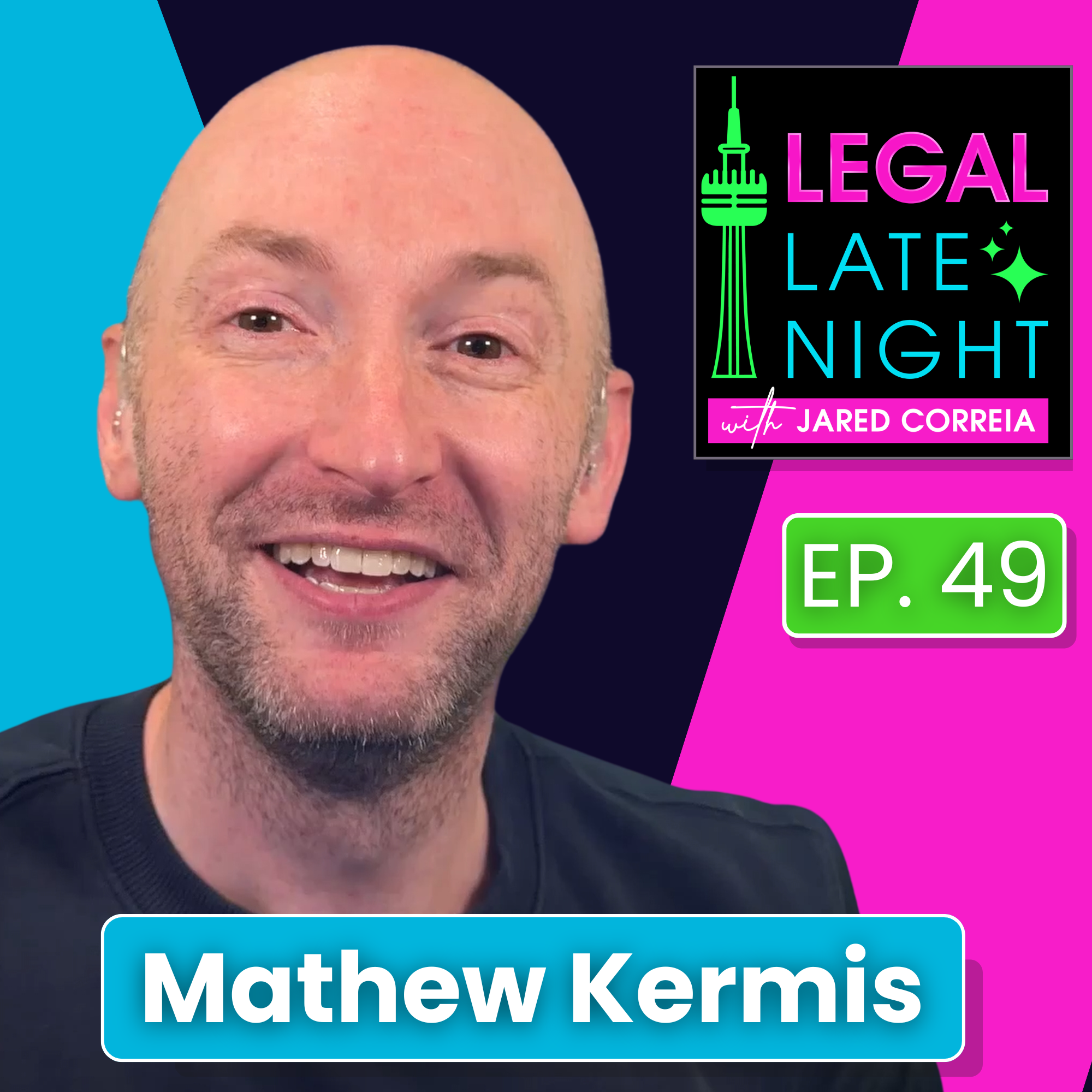 Cover art for Legal Late Night episode featuring host Jared Correia and guest Mathew Kerbis with bold colors in the background.