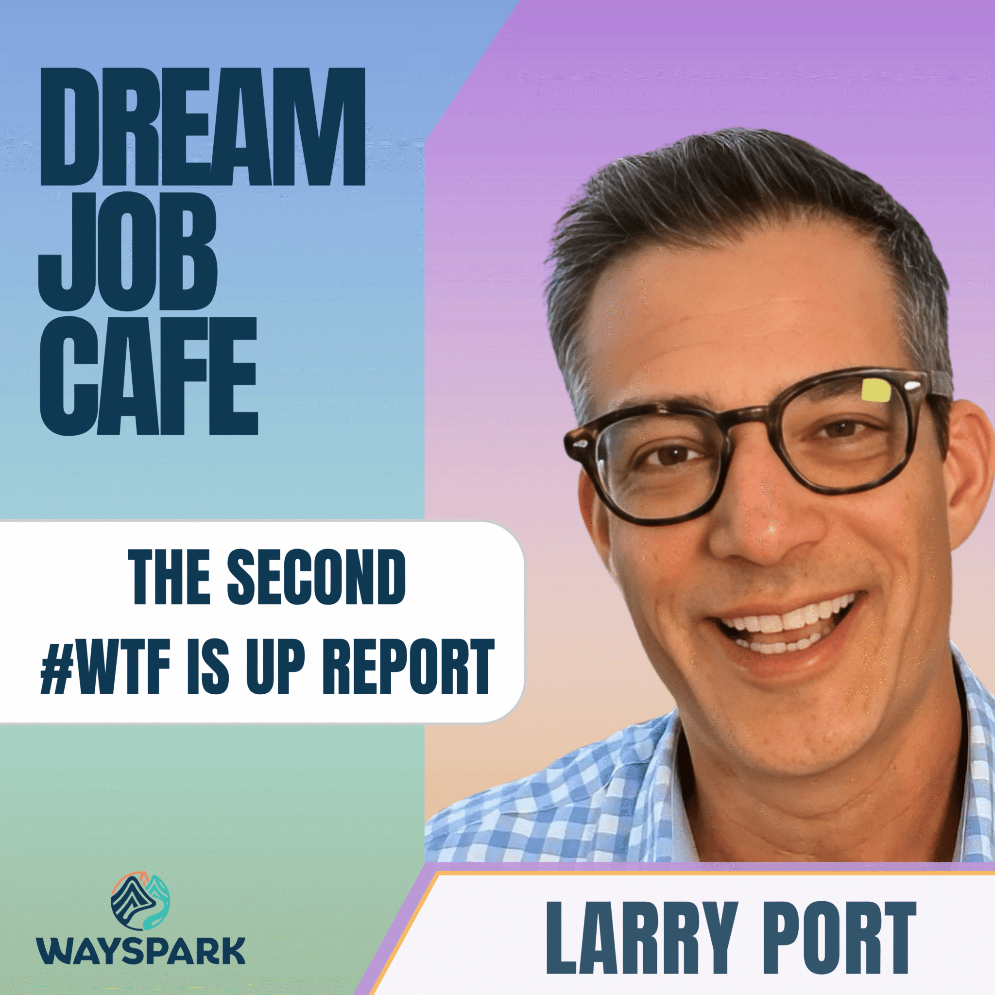 Square podcast thumbnail featuring host Larry Port smiling. Text: The Second #WTF Is Up Report, Dream Job Cafe.