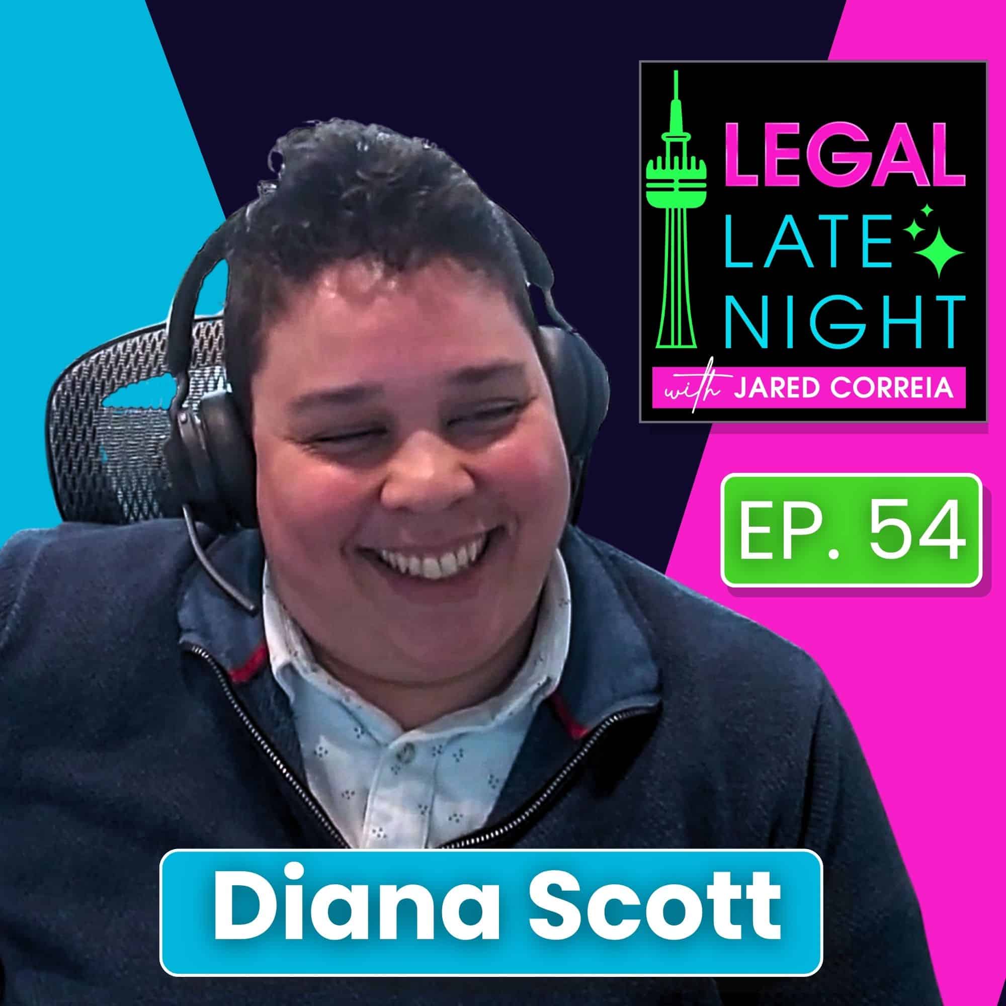 Podcast thumbnail for Legal Late Night with Diana Scott. Headline: Future of Managed IT and Managed AI Governance. Includes host Jared Correia.