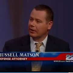 Screen capture of a television news broadcast featuring Russell Matson identified as a defense attorney.