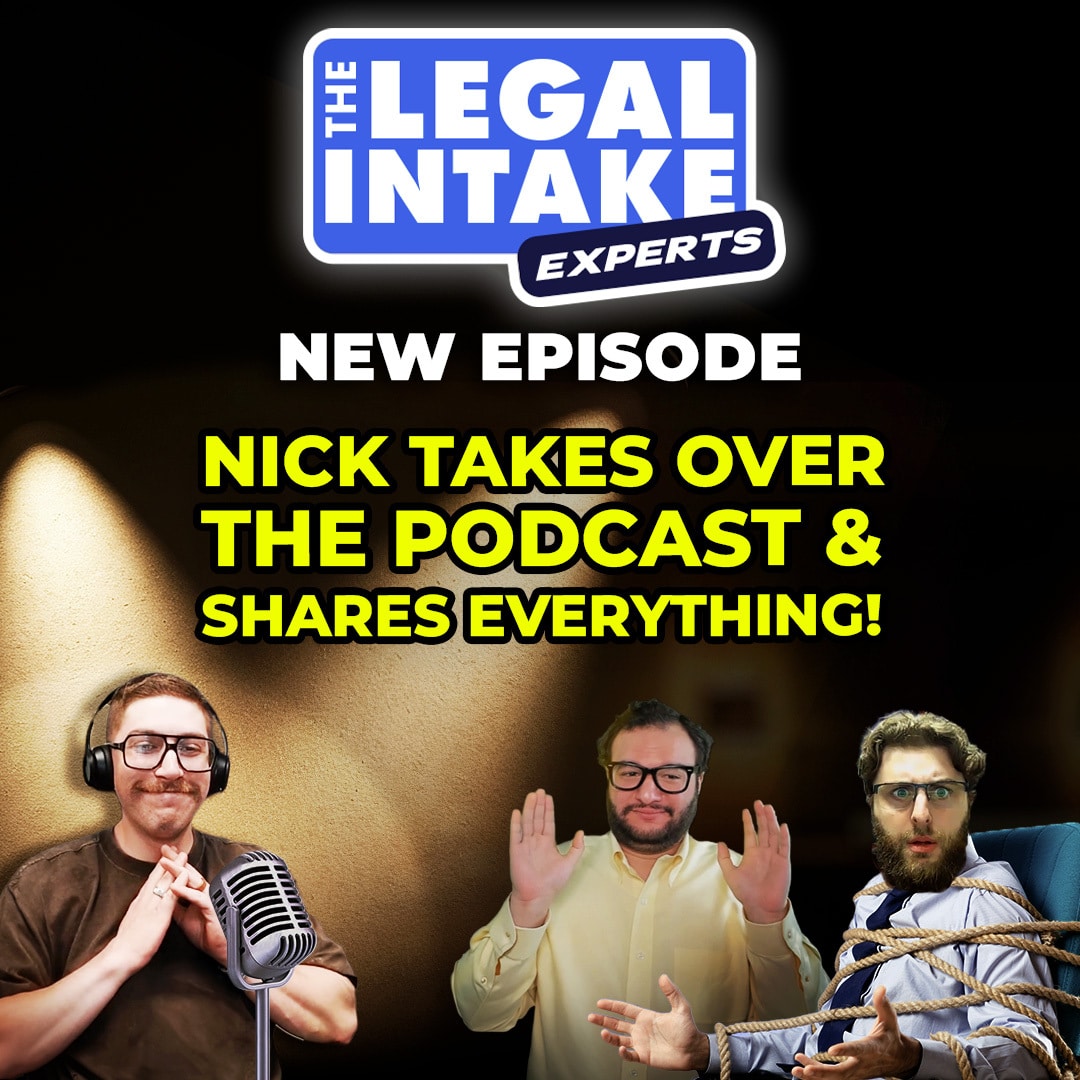 Square podcast cover for The Legal Intake Experts episode "An Inside Look At Our Biggest Mistakes And What Law Firms Can Learn From Them" featuring Nick Werker, Tony Prieto, and producer Joe tied to a chair with rope.