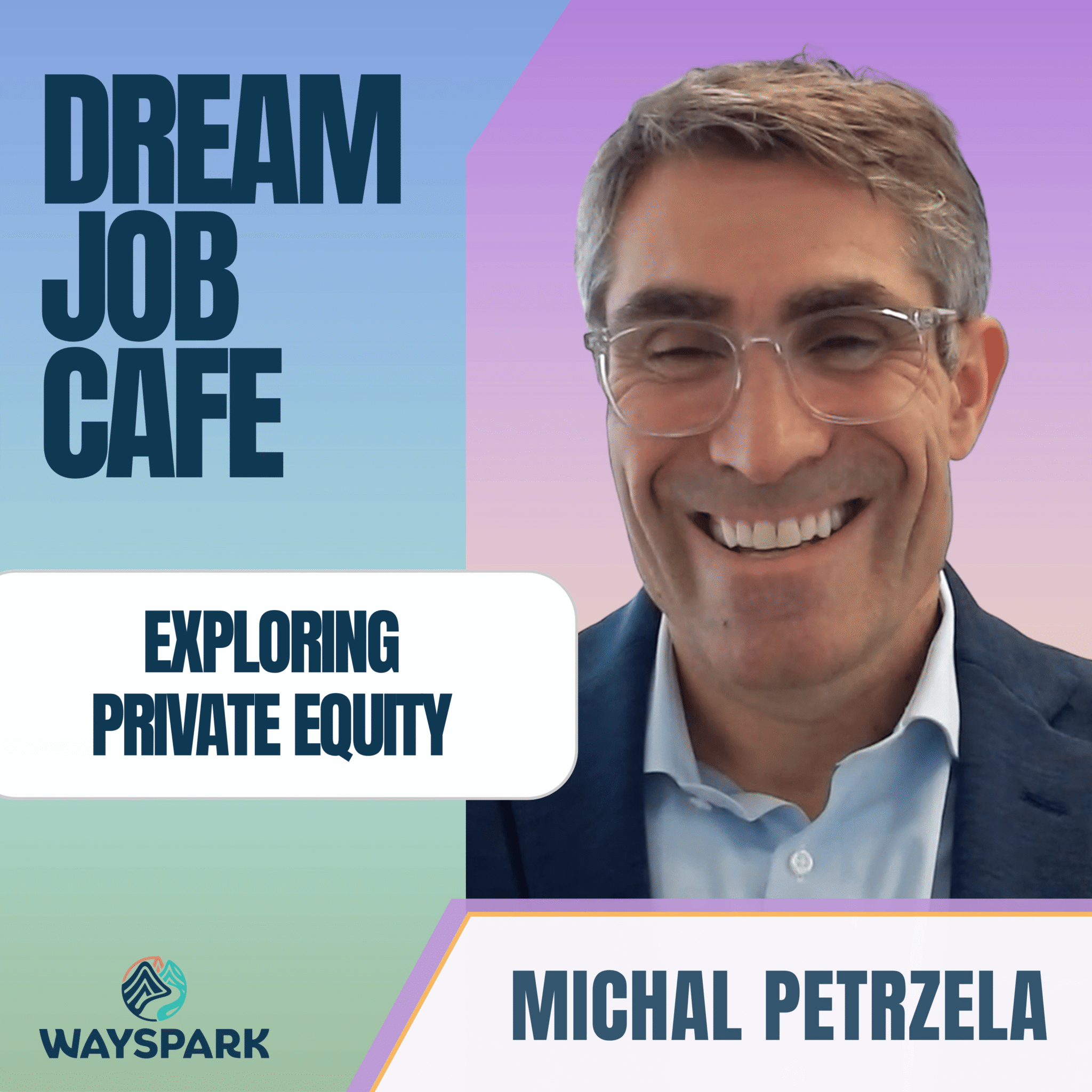 Square 1:1 podcast thumbnail featuring guest Michal Petrzela. Graphic text elements display DREAM JOB CAFE, EXPLORING PRIVATE EQUITY, and MICHAL PETRZELA over a teal and purple gradient background with the Wayspark mountain logo.