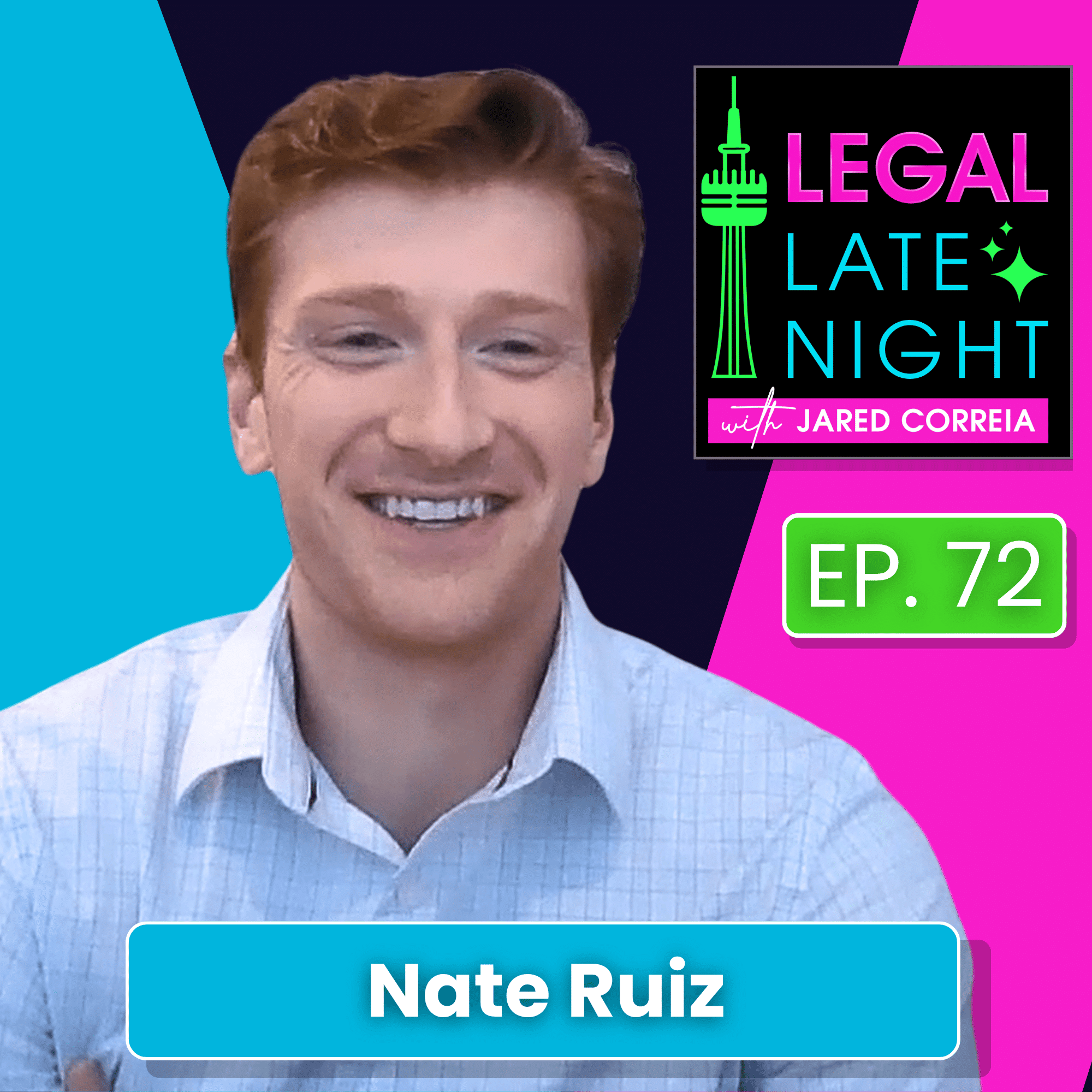 Legal Late Night podcast Episode 73 cover art featuring guest Thomas Kranz smiling against a bright blue and pink background.