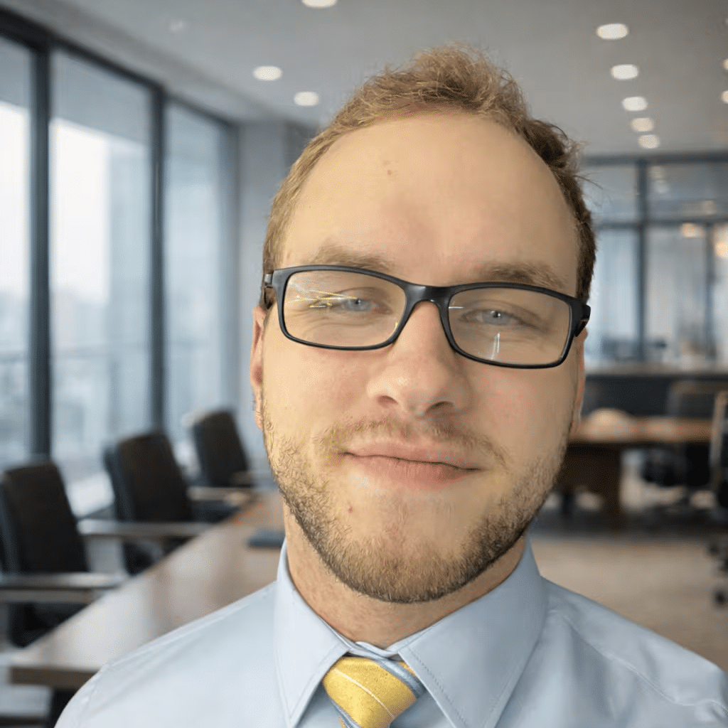 Professional portrait of Hen House founder Tyler Henn smiling in glasses and a yellow tie in an office setting.